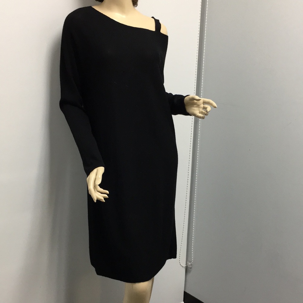 Eileen Fisher black wool dress open shoulder PL PG